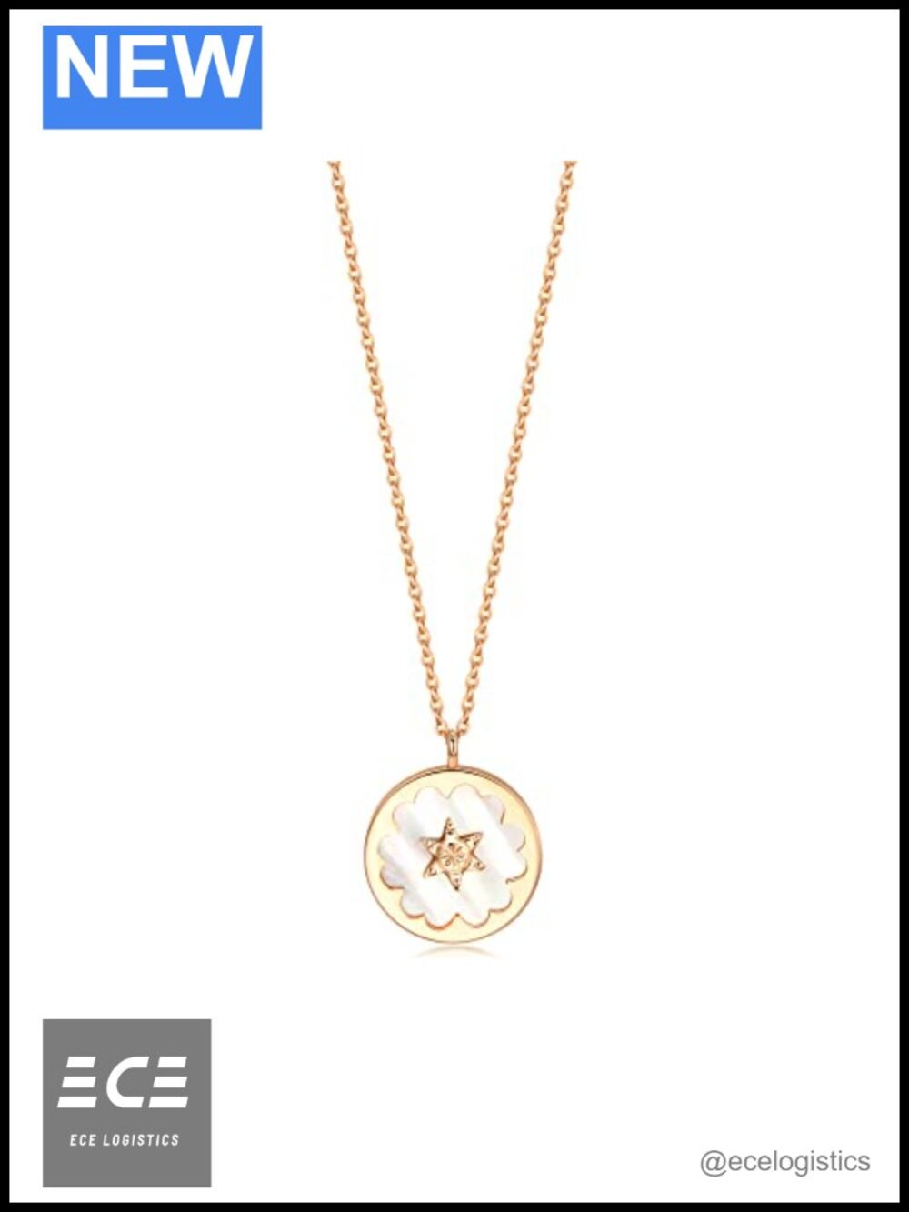 18K Rose Solid Gold Star Pendant Necklace, Mother of Pearl Sakura Coin, 18.5"